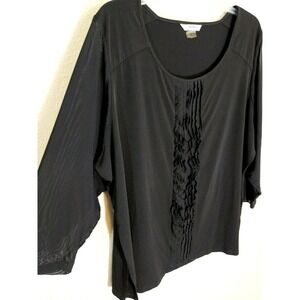 TanJay‎ Womens Size 2X Black Ruffle Front Mesh Jersey Blouse 3/4 Sheer Sleeves